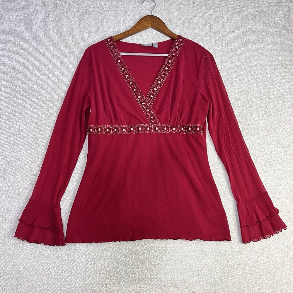 Y2K Vtg Whimsygoth Red Sheer Long Sleeve Top Beaded Trim & Ruffle Cuffs Size L